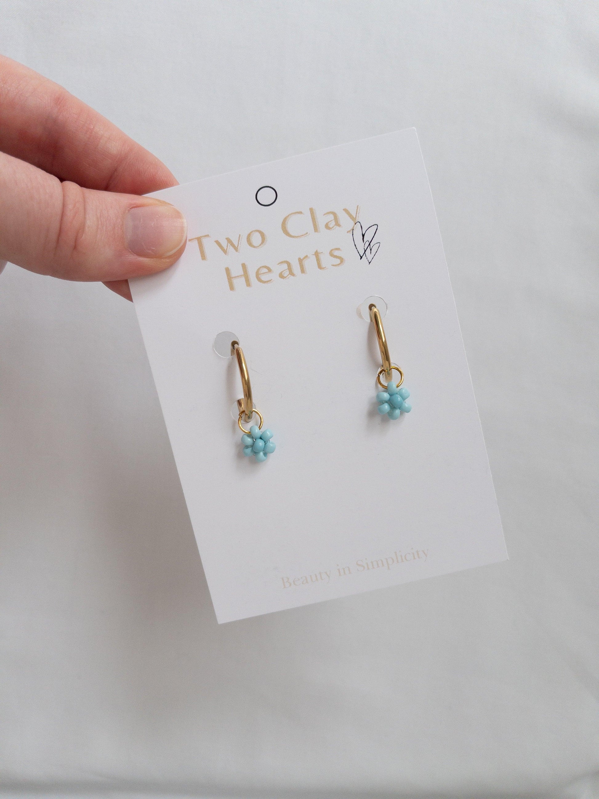 Blue Beaded Flower Hoop Earrings - Two Clay Hearts