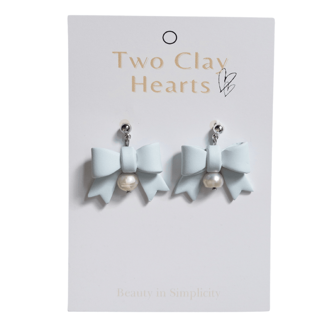 Blue Pearl Bow Clay Earrings - Two Clay Hearts