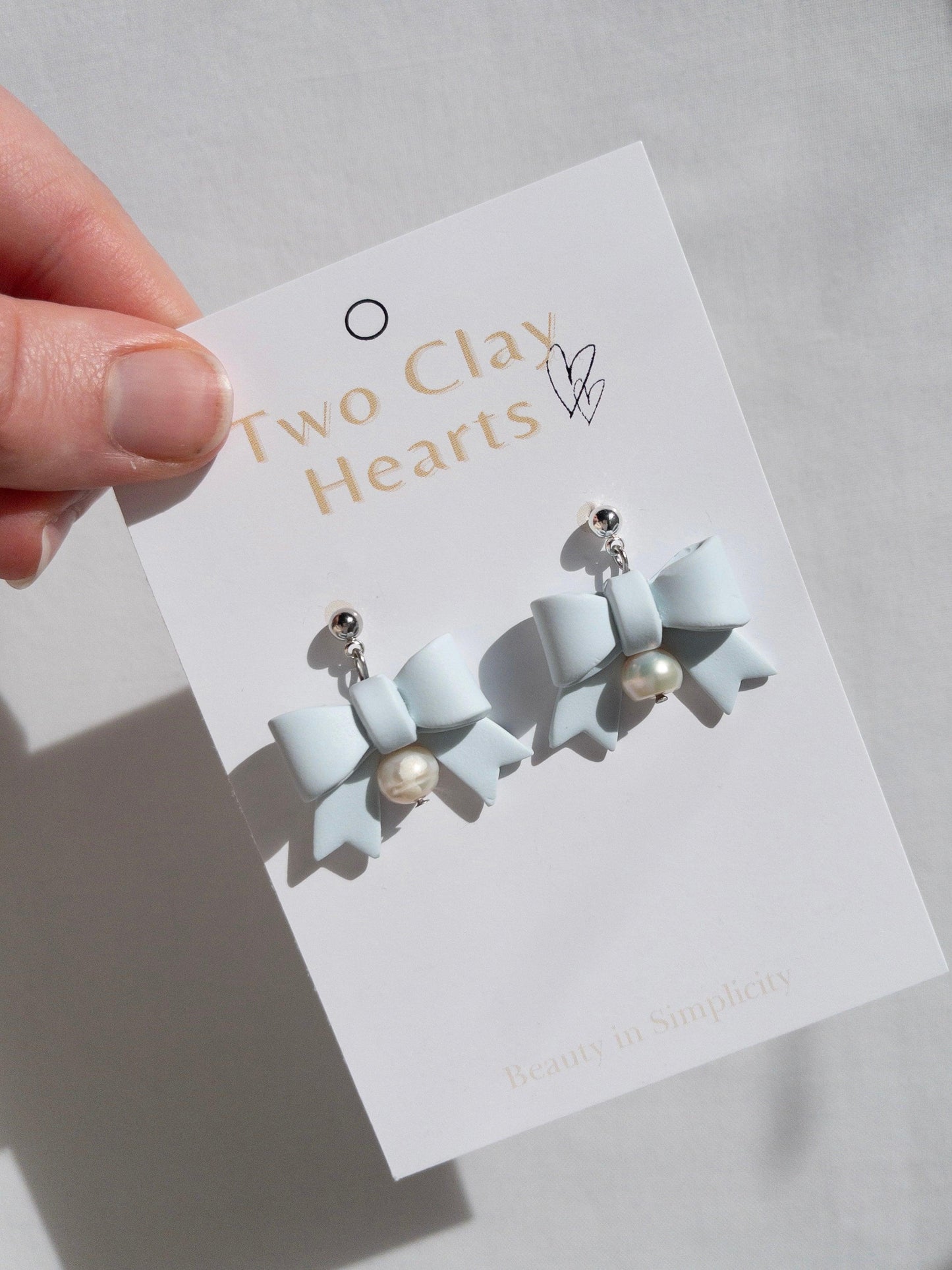 Blue Pearl Bow Clay Earrings - Two Clay Hearts