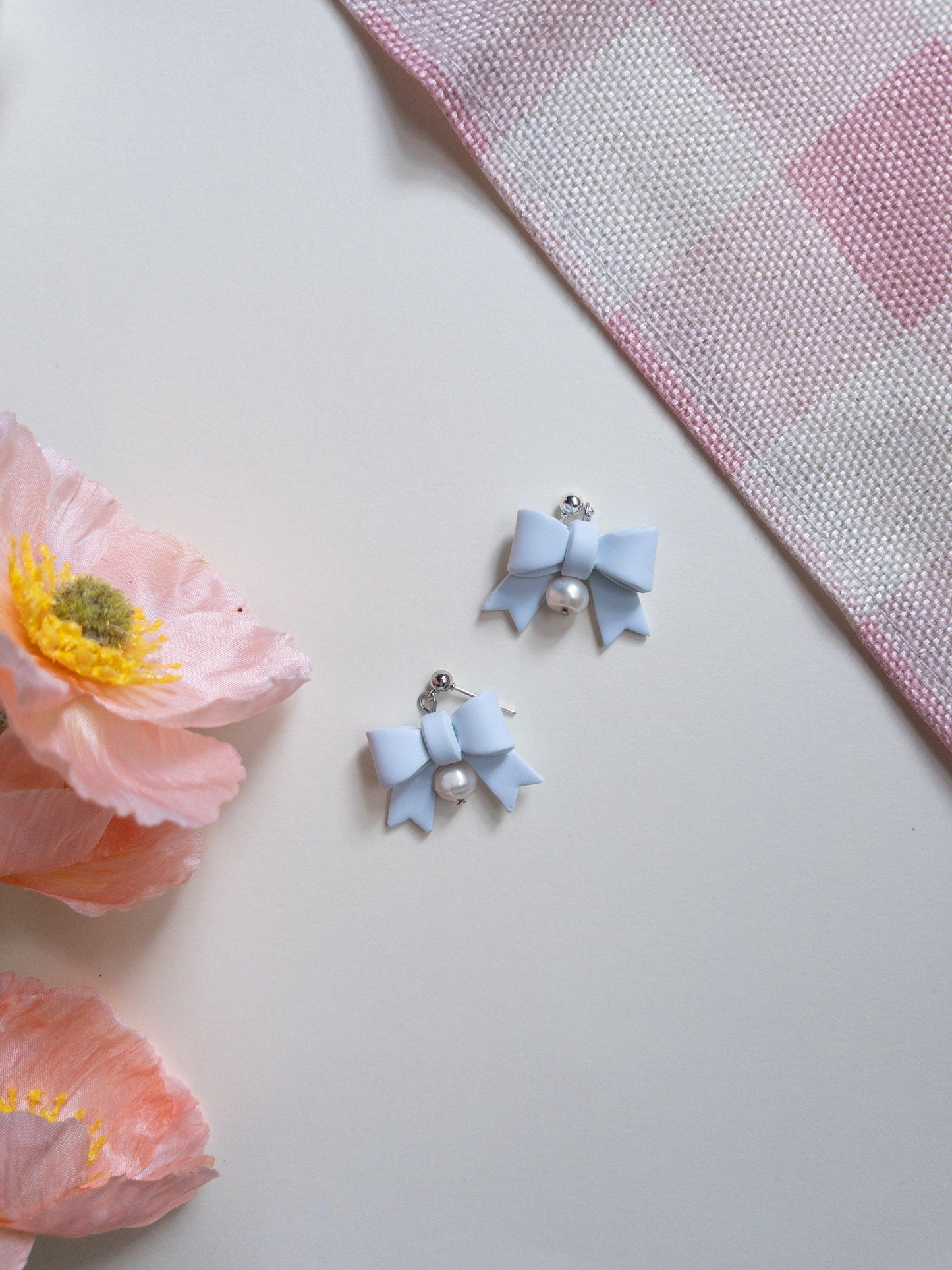 Blue Pearl Bow Clay Earrings - Two Clay Hearts