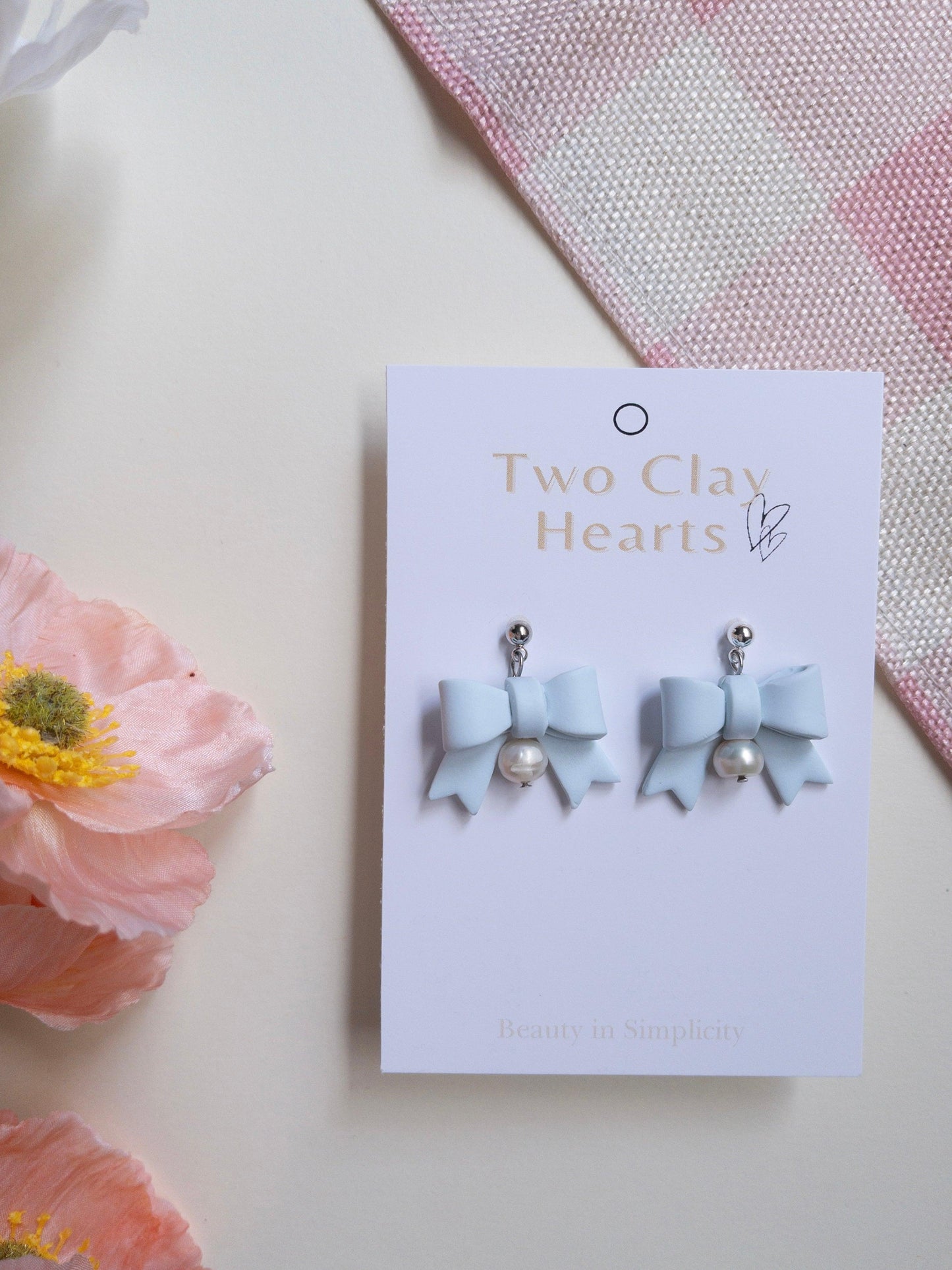 Blue Pearl Bow Clay Earrings - Two Clay Hearts