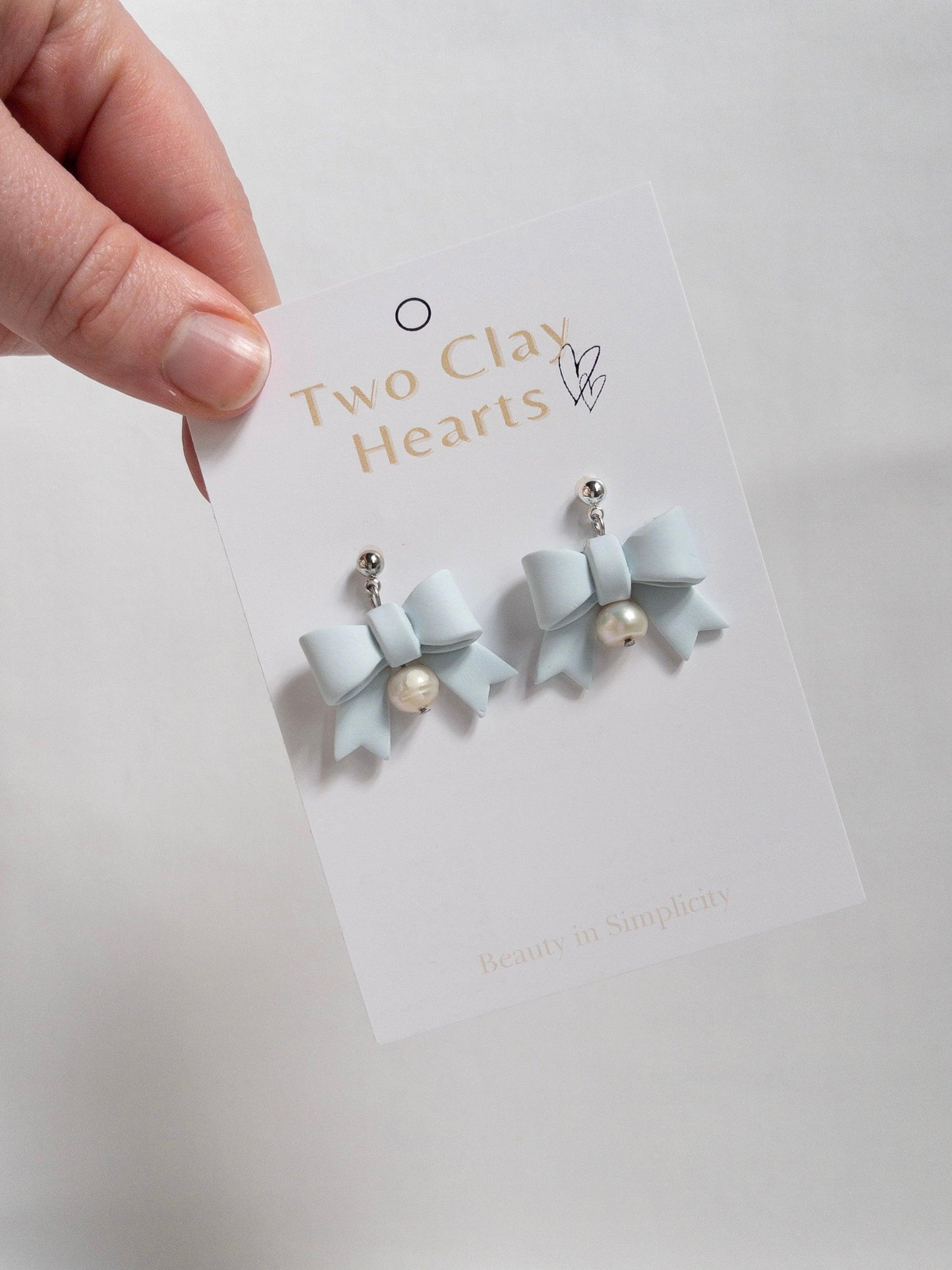 Blue Pearl Bow Clay Earrings - Two Clay Hearts