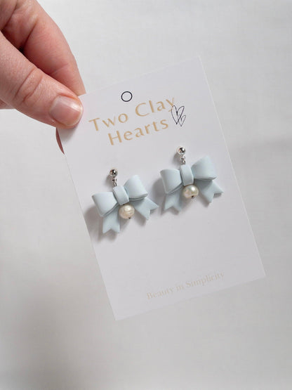 Blue Pearl Bow Clay Earrings - Two Clay Hearts