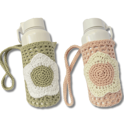 Flower Crochet Water Bottle Holder with Long Crossbody Strap - Two Clay Hearts