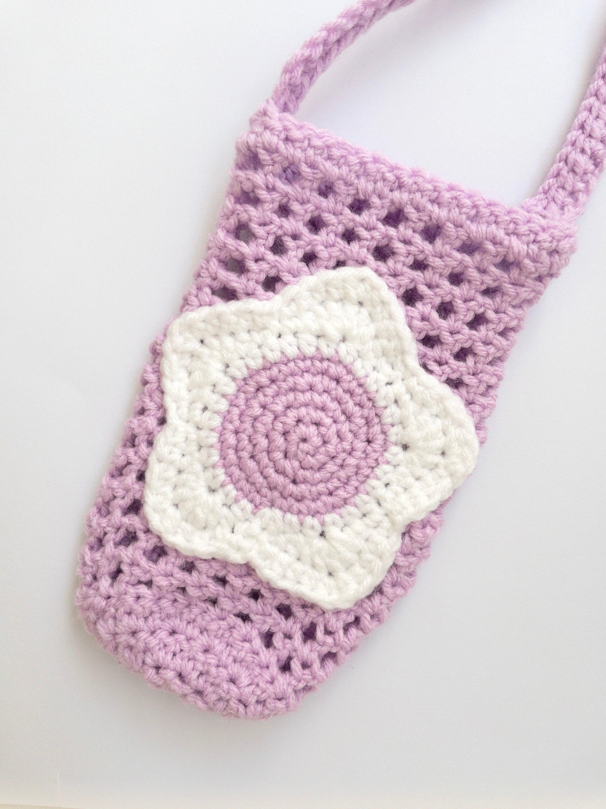 Flower Crochet Water Bottle Holder with Long Crossbody Strap - Two Clay Hearts