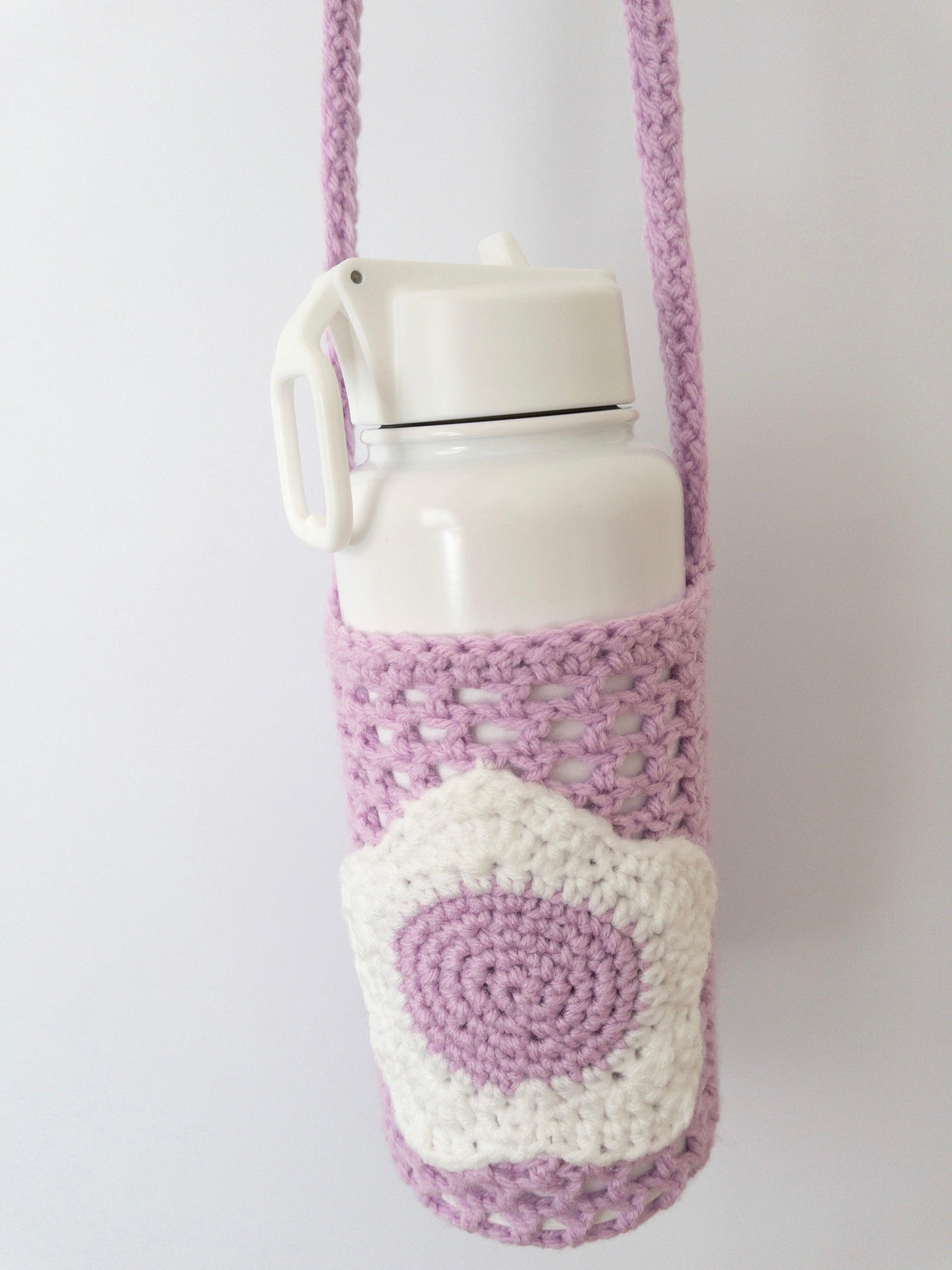 Flower Crochet Water Bottle Holder with Long Crossbody Strap - Two Clay Hearts