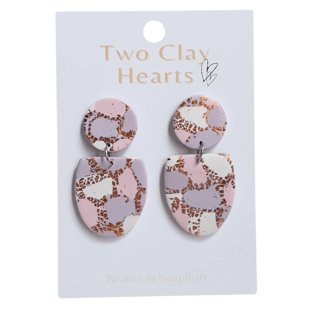 purple, pink and rose gold patterned, half oval dangle earring