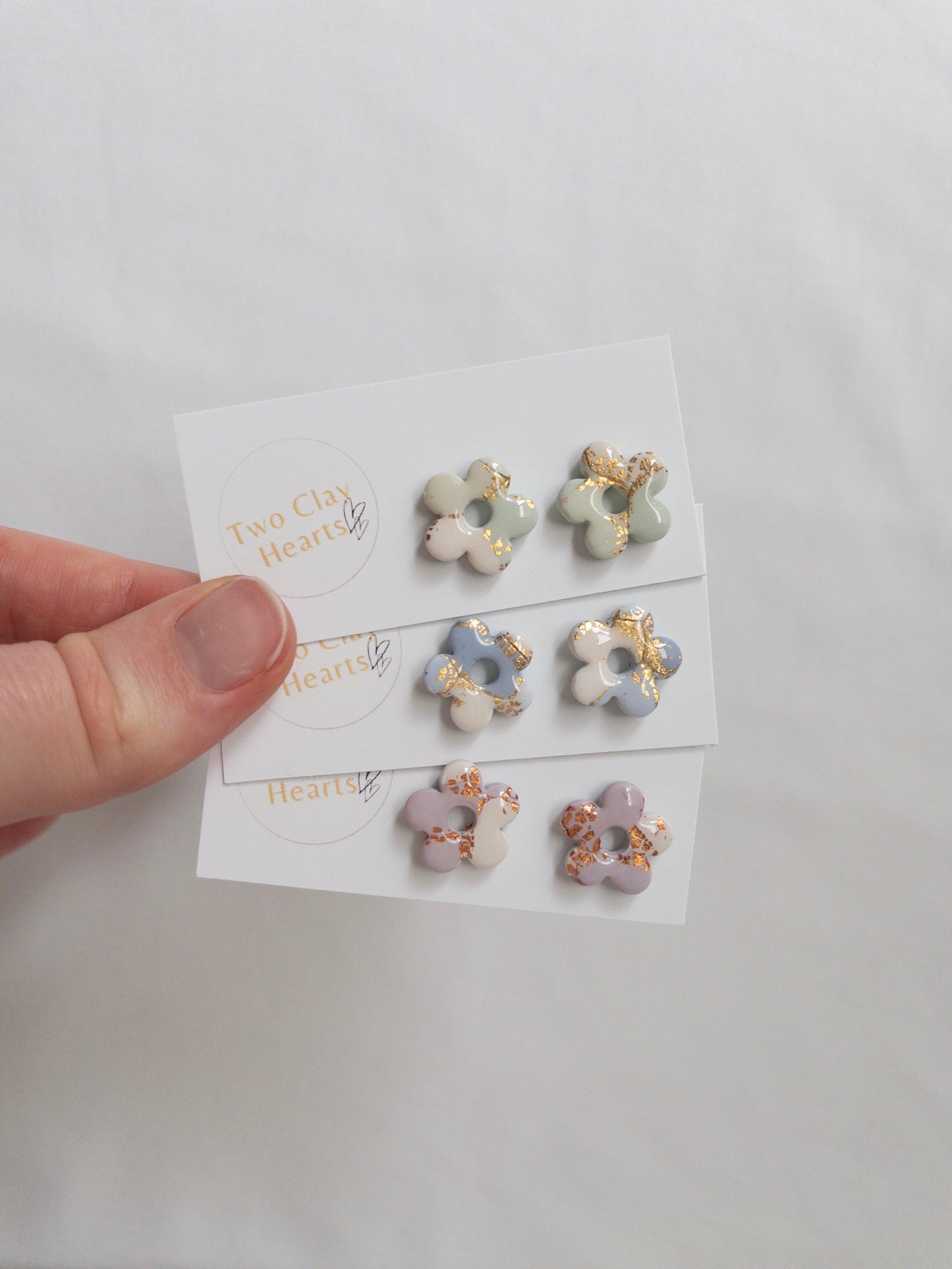 Gold Resin Coated Flower Studs - Multiple Colours Available - Two Clay Hearts