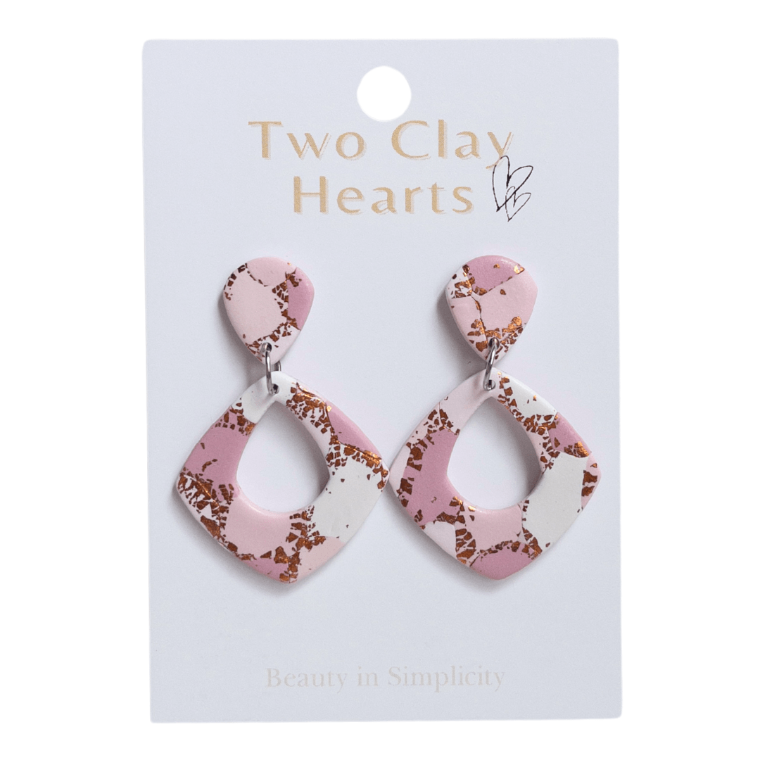 Pink and rose gold patterned, diamond shaped dangle earring