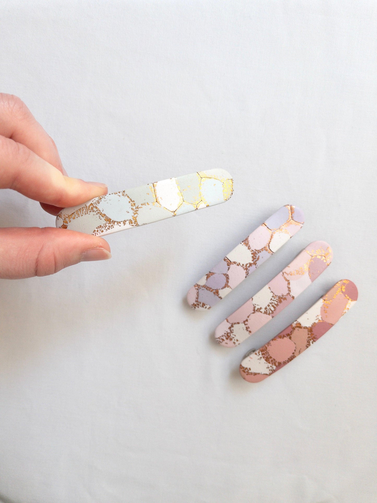 Pastel and gold patterned polymer clay hair clips