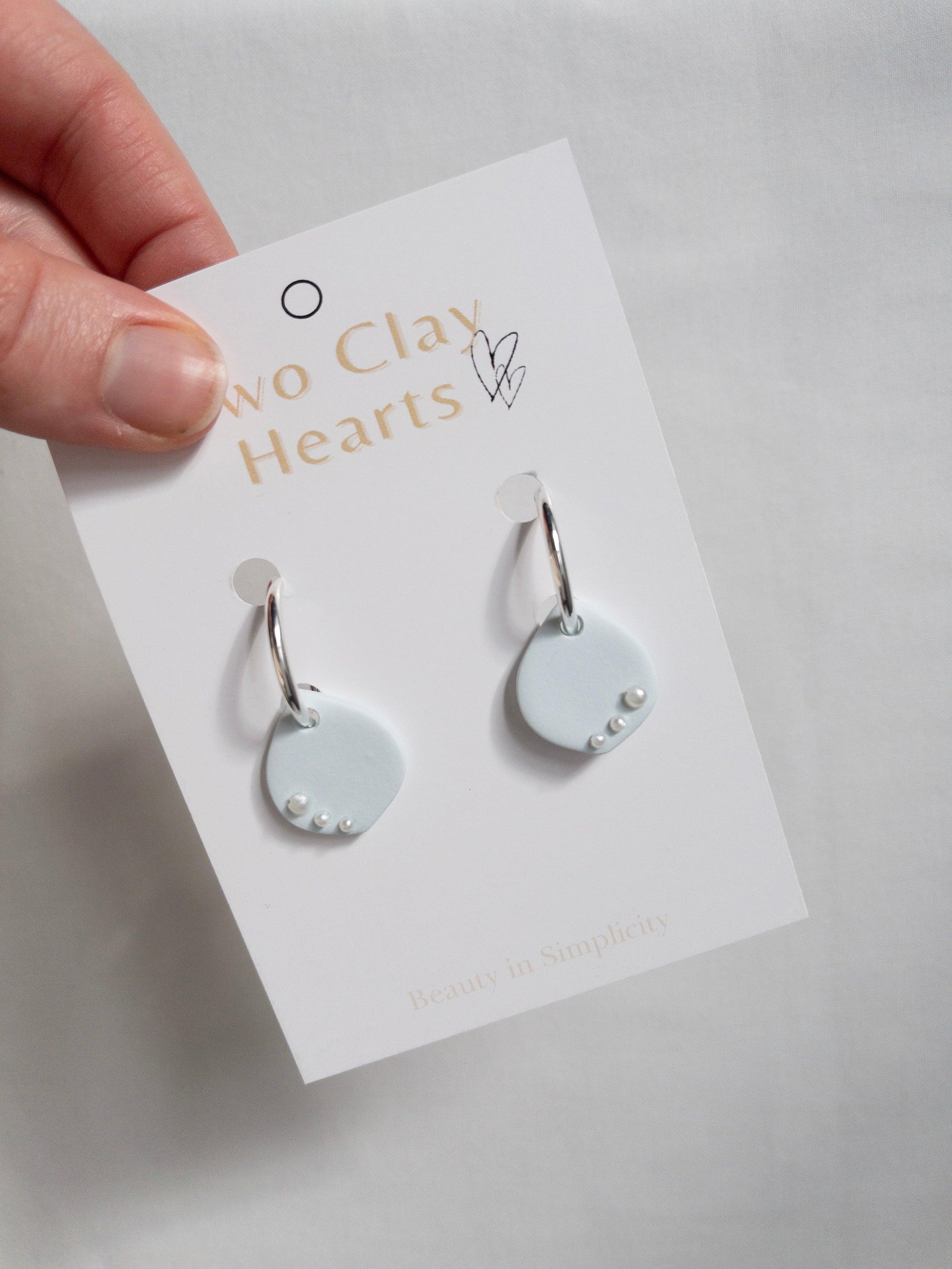 Ice Blue Clay Teardrop Hoops with Pearl Details - Two Clay Hearts