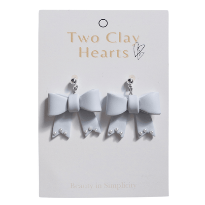 Large Blue Clay Bow Dangle Earring with Pearl Details - Two Clay Hearts