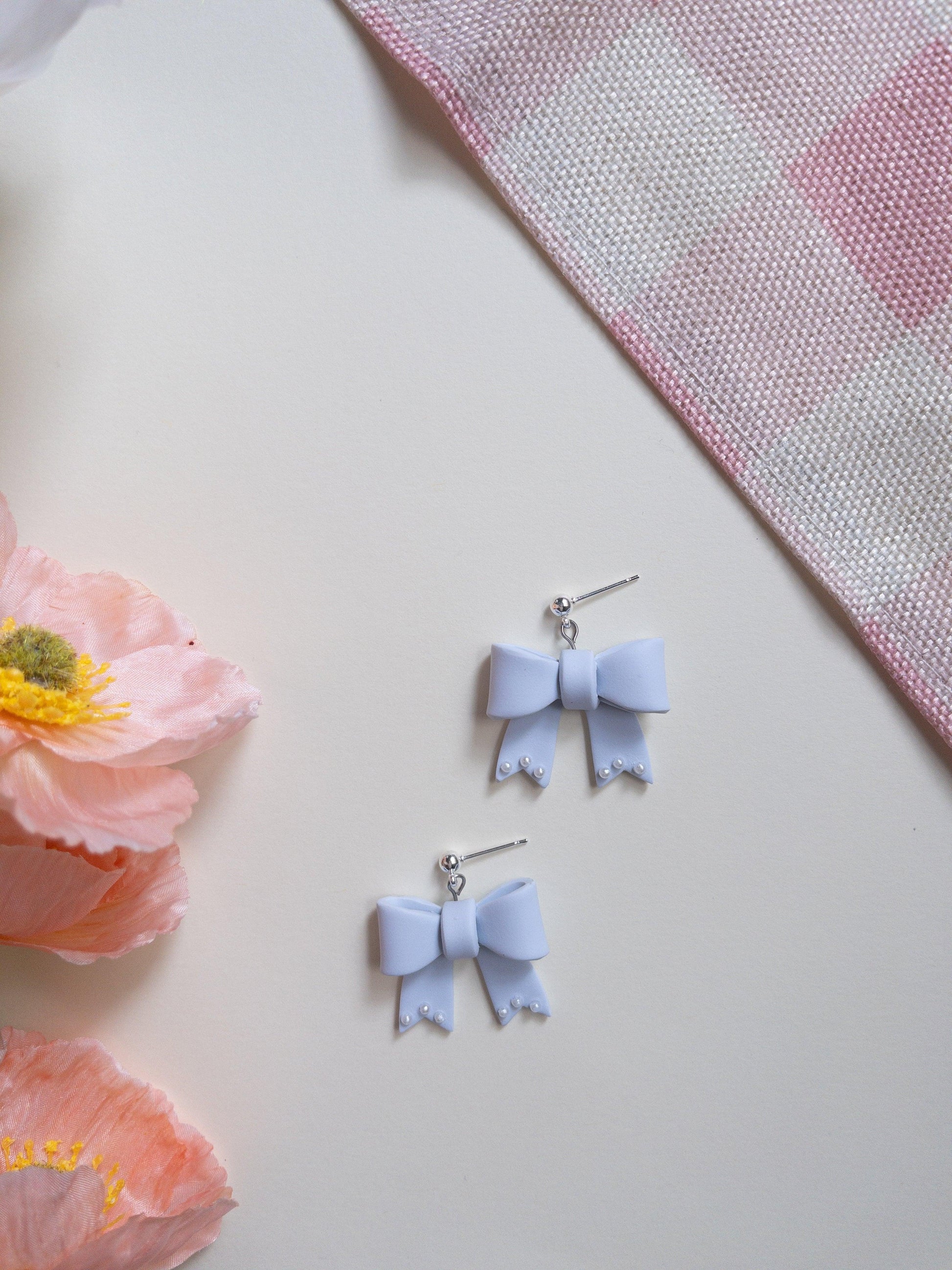 Large Blue Clay Bow Dangle Earring with Pearl Details - Two Clay Hearts