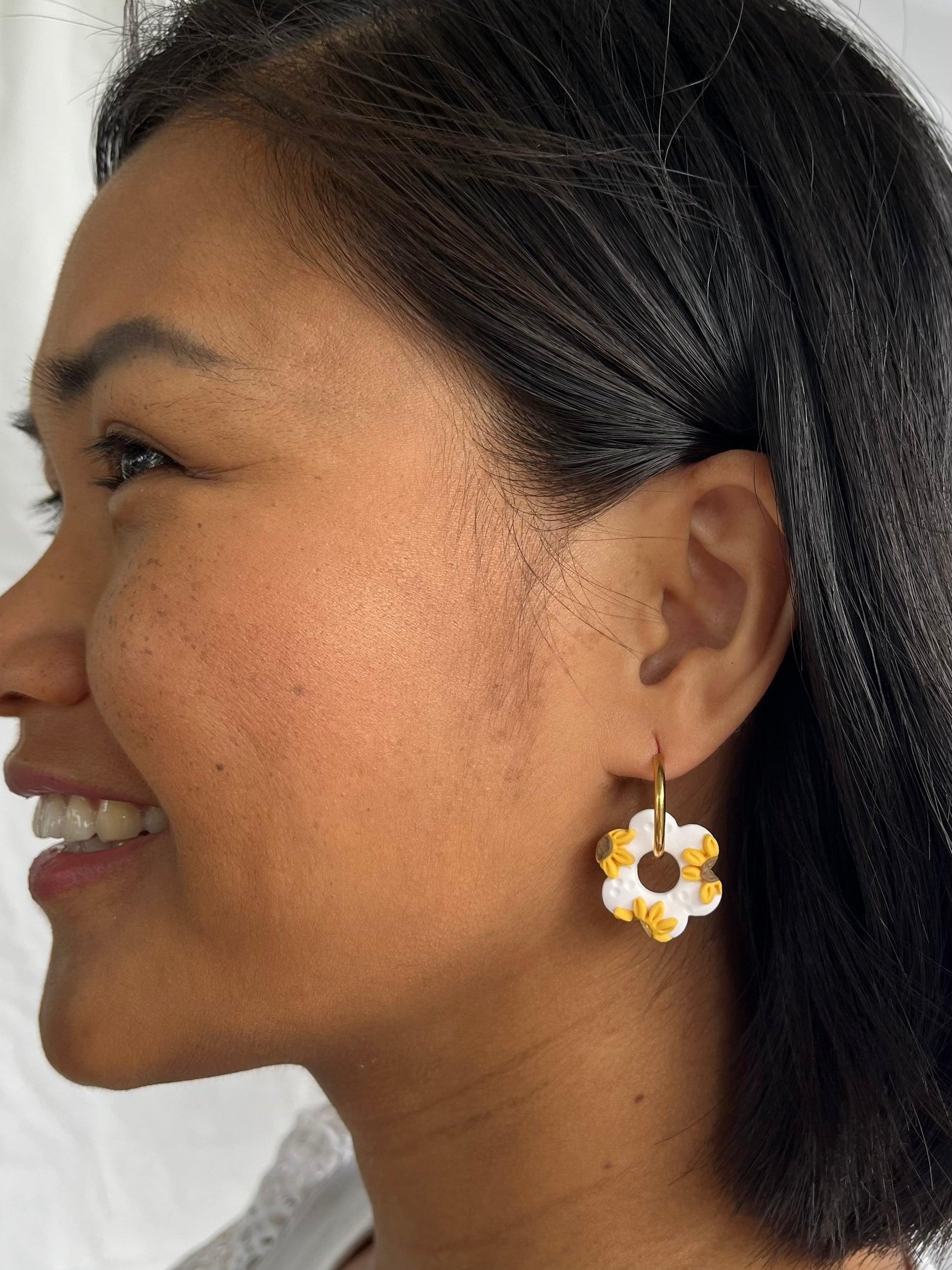 Large Sunflower Hoop Earrings - Two Clay Hearts