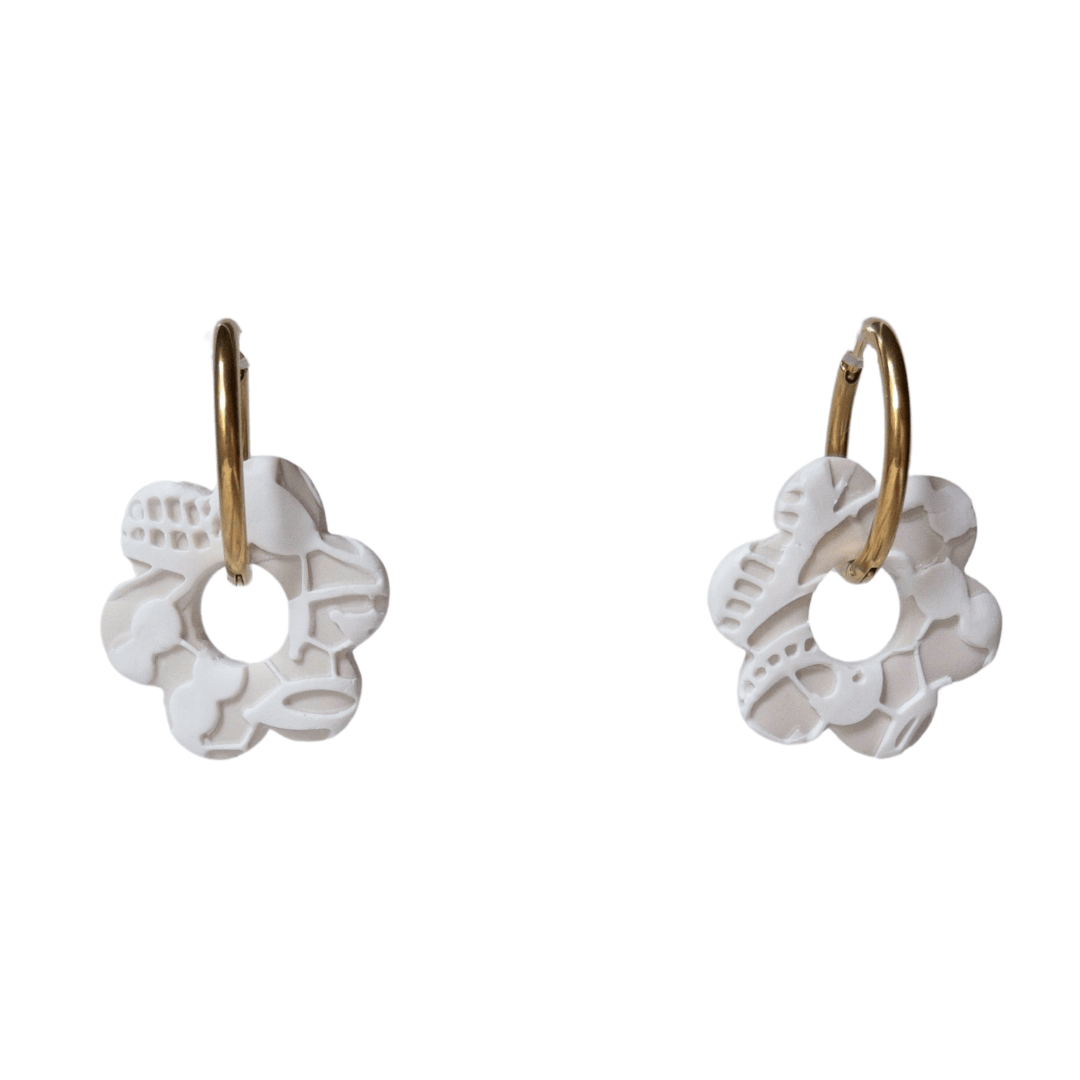 Large white lace flower and gold hoop earrings