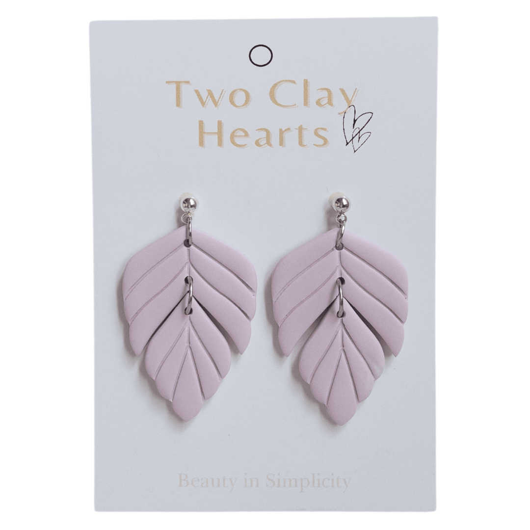 Mauve purple polymer clay statement earring on white backing card