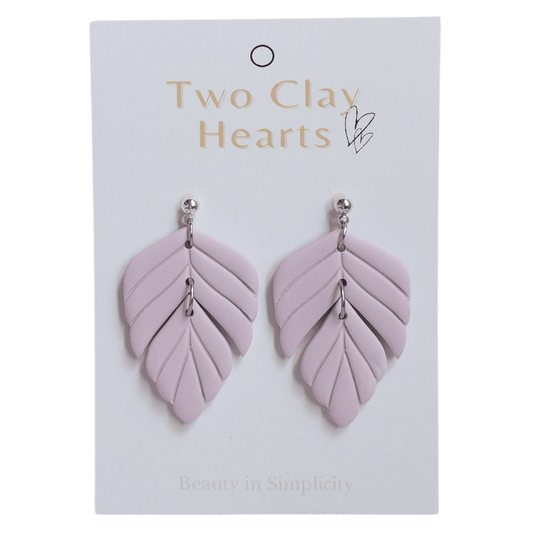 Mauve purple polymer clay statement earring on white backing card