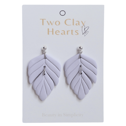 Lilac Purple polymer clay statement earring on white backing card