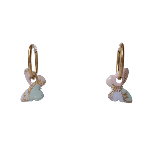 multicoloured pastel rainbow butterfly hoop earrings with gold speckles