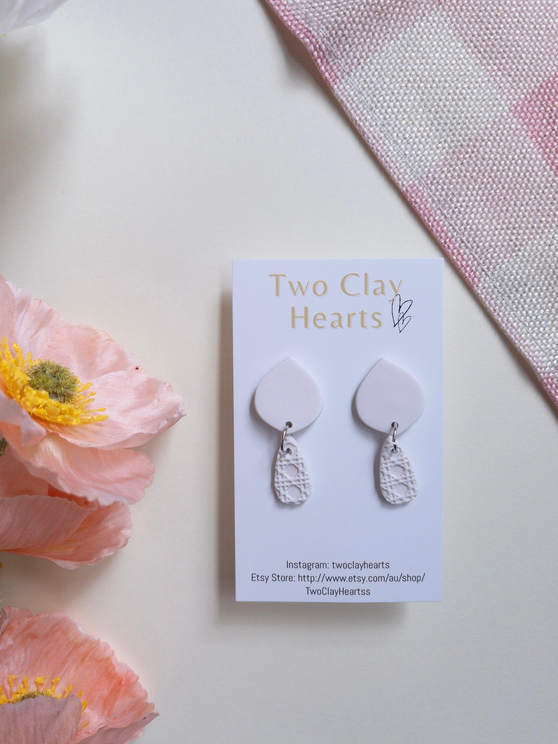 Pearl Clay Teardrop Earring with Rattan Detail - Two Clay Hearts