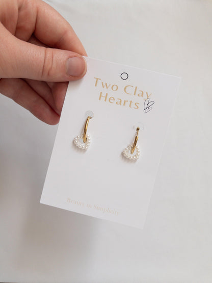 Pearl Heart Hoop Earrings - Two Clay Hearts