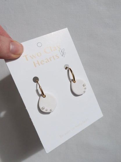 Pearly White Clay Teardrop Hoops - Two Clay Hearts