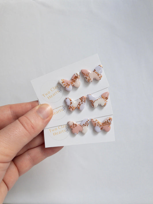 pastel purple and pink butterfly earrings with rose gold flecks