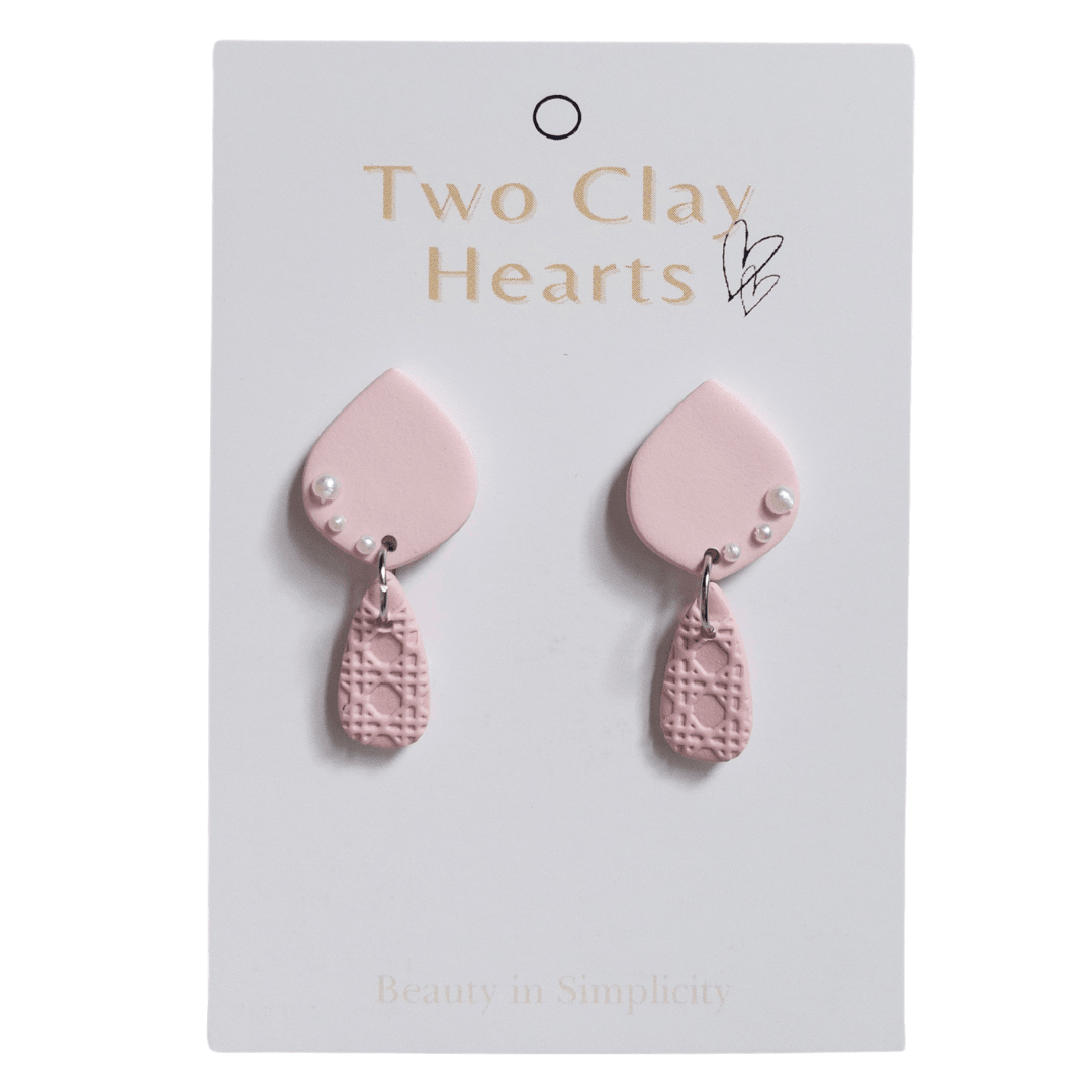 Pink Clay Teardrop Earring with Pearl Details - Two Clay Hearts