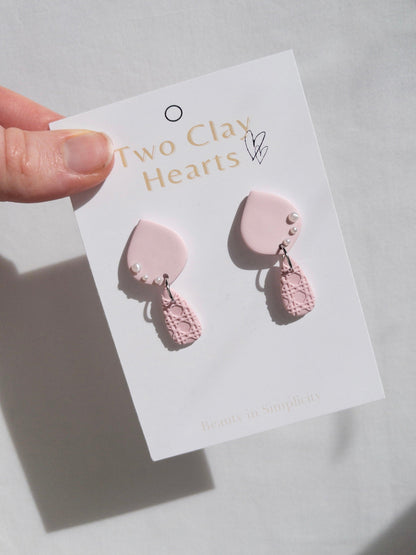 Pink Clay Teardrop Earring with Pearl Details - Two Clay Hearts