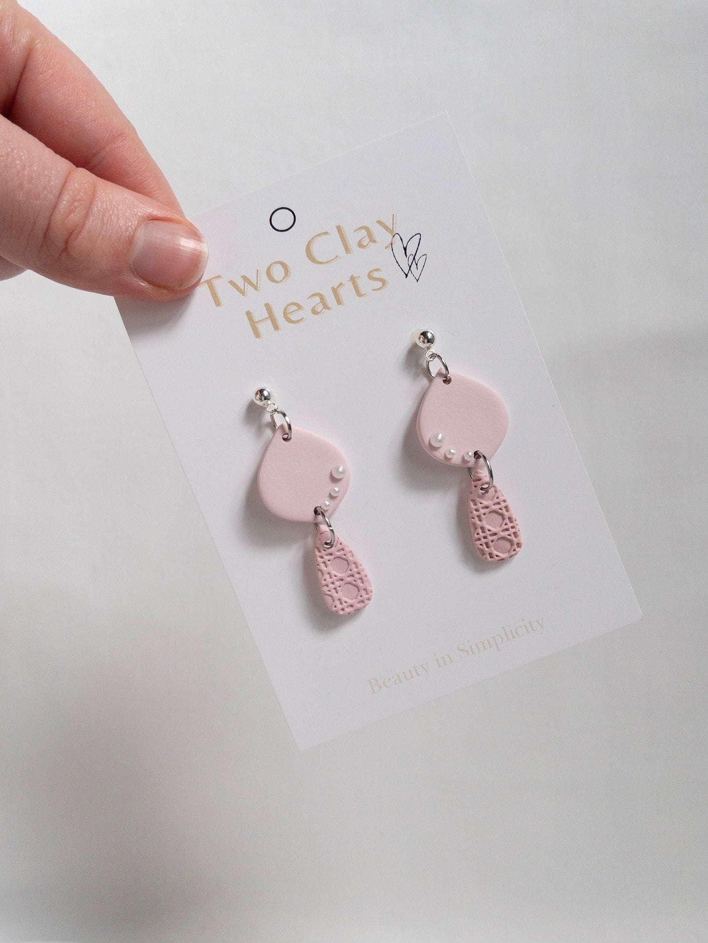 Pink Clay Teardrop Earring with Pearl Details - Two Clay Hearts