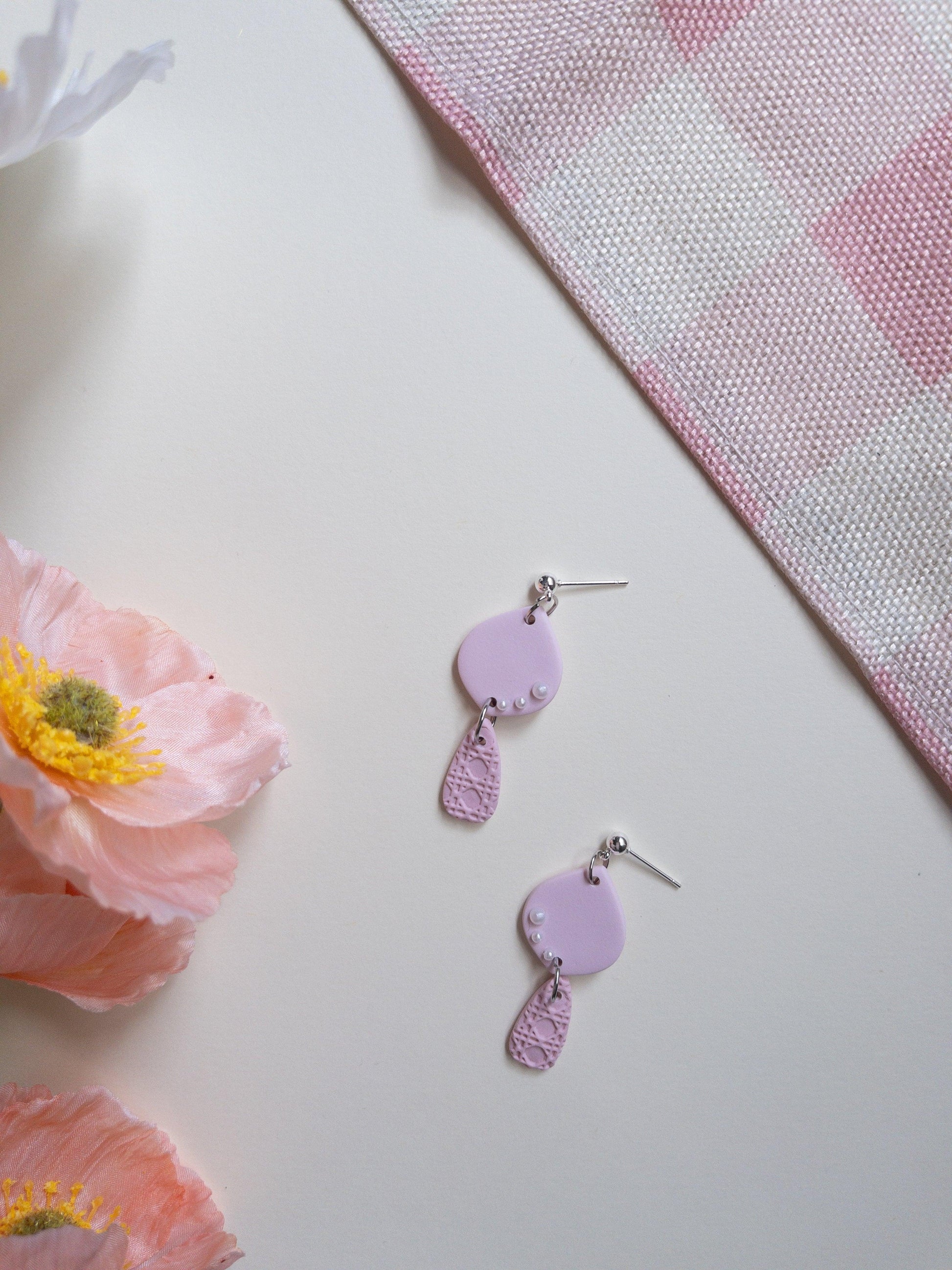 Pink Clay Teardrop Earring with Pearl Details - Two Clay Hearts