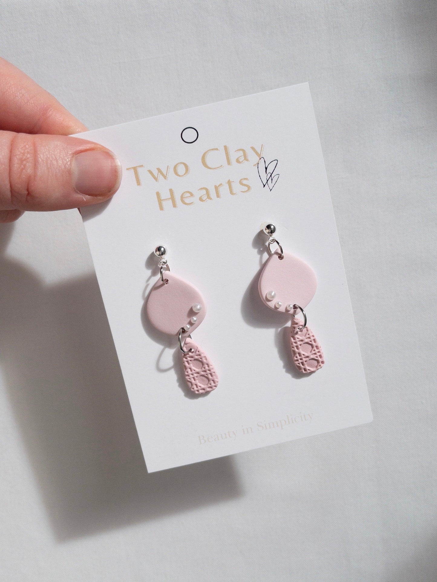 Pink Clay Teardrop Earring with Pearl Details - Two Clay Hearts