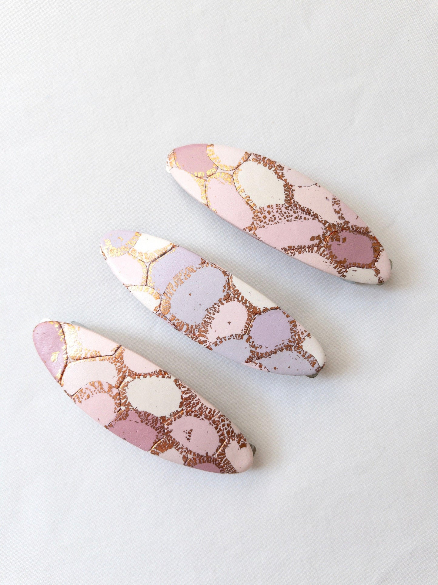 Polymer Clay oval hair clips with pastel and gold patterns