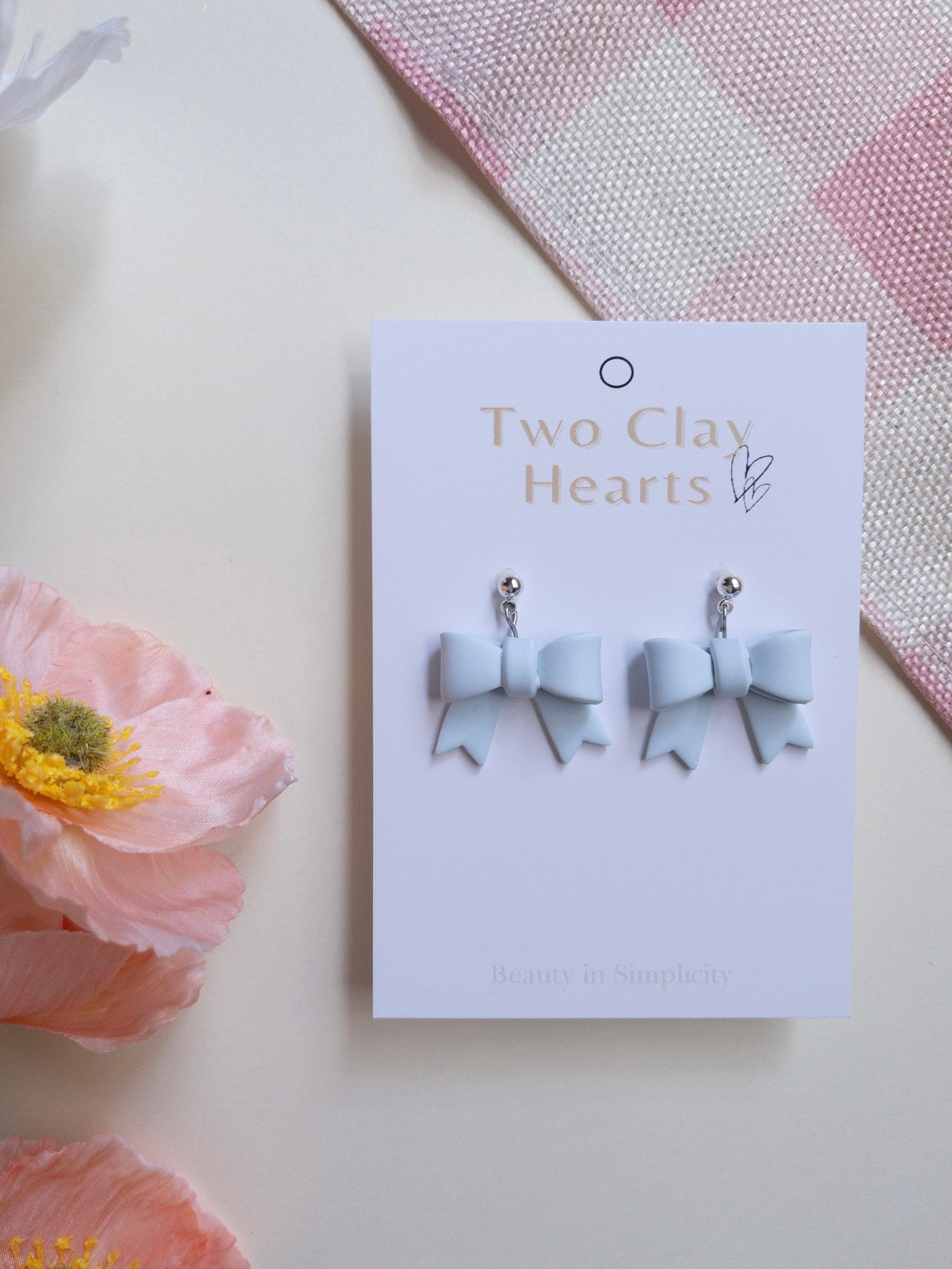 Simple Blue Bow Clay Earrings - Two Clay Hearts