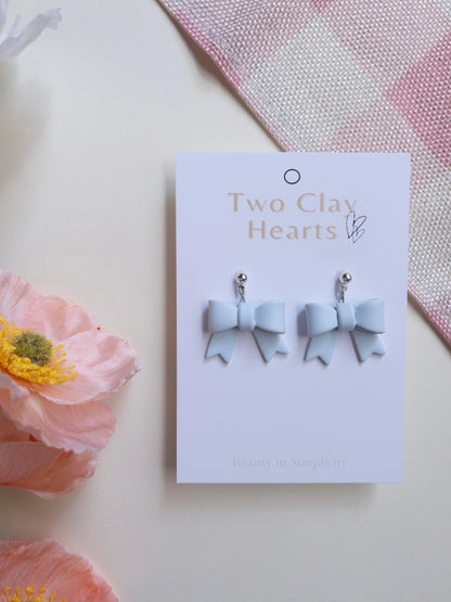 Simple Blue Bow Clay Earrings - Two Clay Hearts