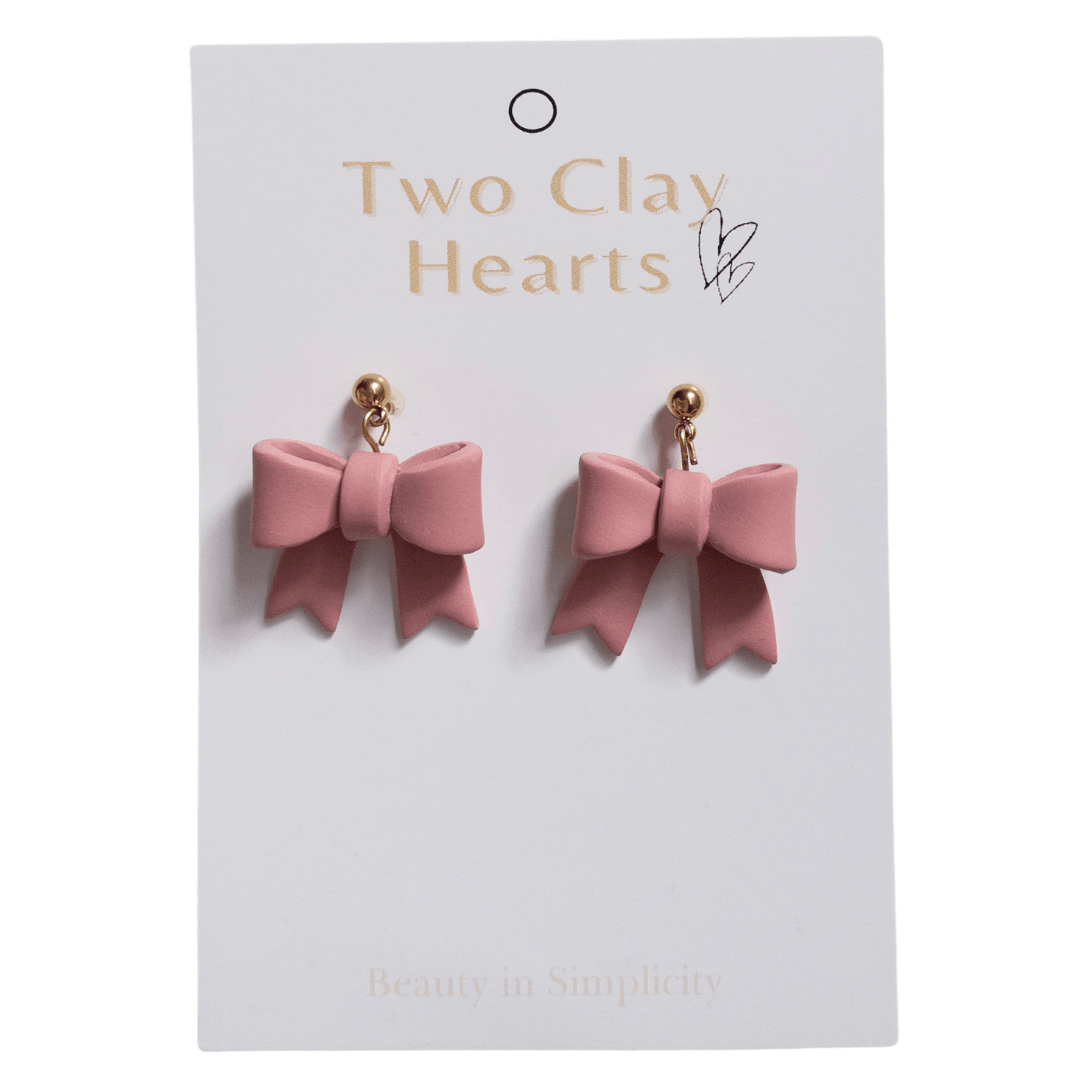 Simple Maroon Bow Clay Earrings - Two Clay Hearts