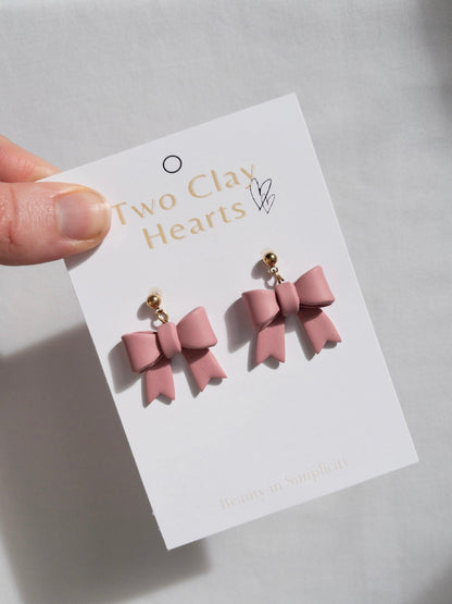 Simple Maroon Bow Clay Earrings - Two Clay Hearts