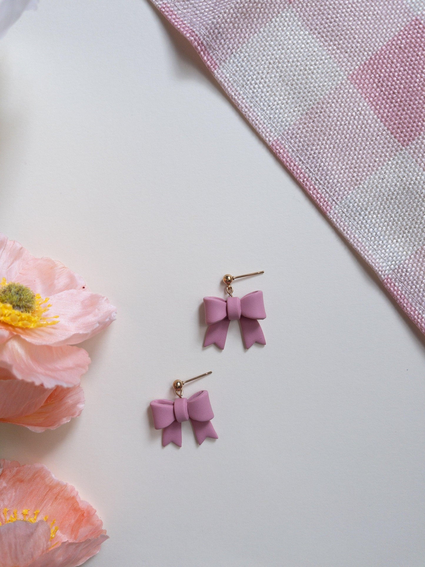 Simple Maroon Bow Clay Earrings - Two Clay Hearts