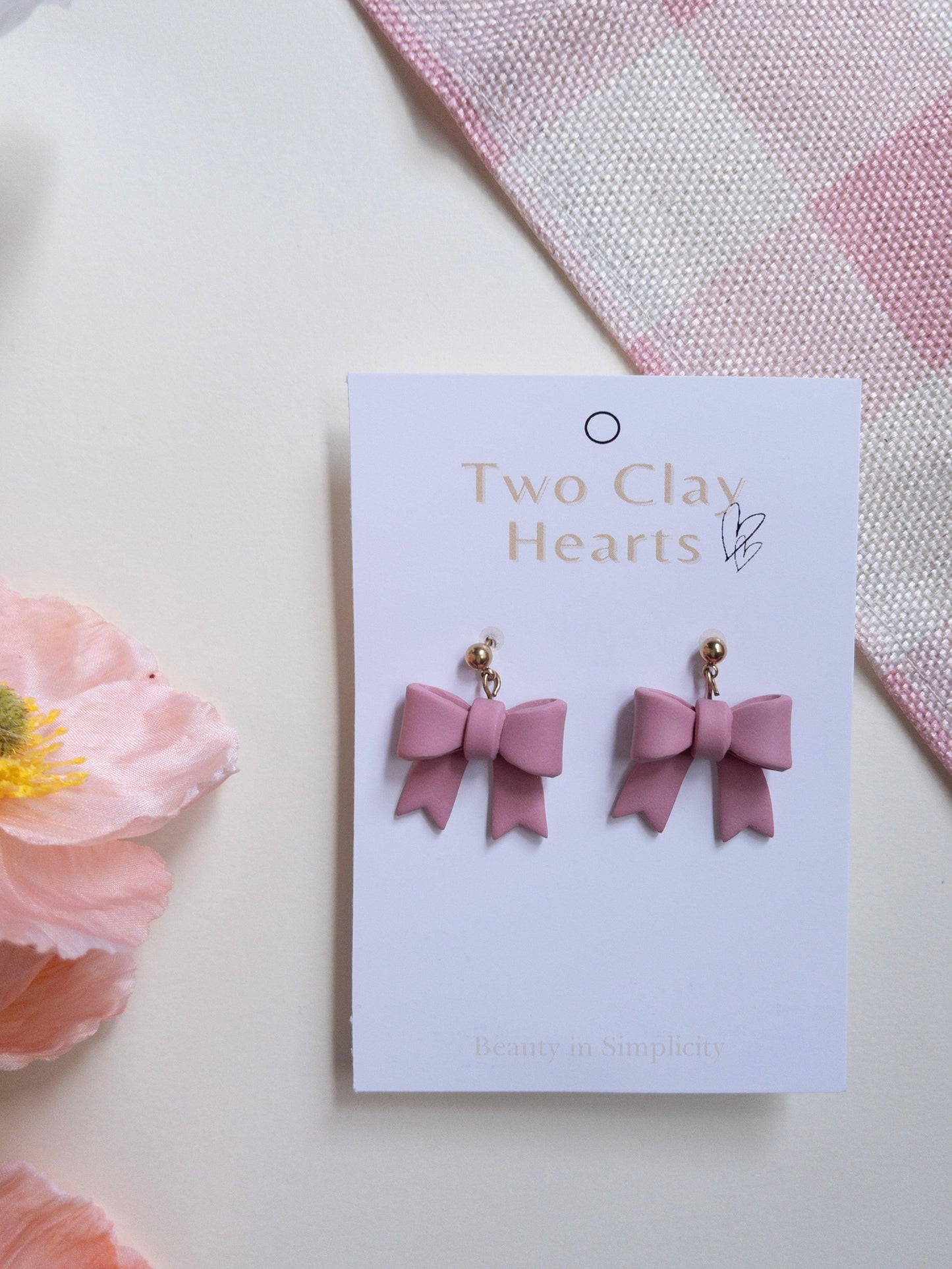 Simple Maroon Bow Clay Earrings - Two Clay Hearts