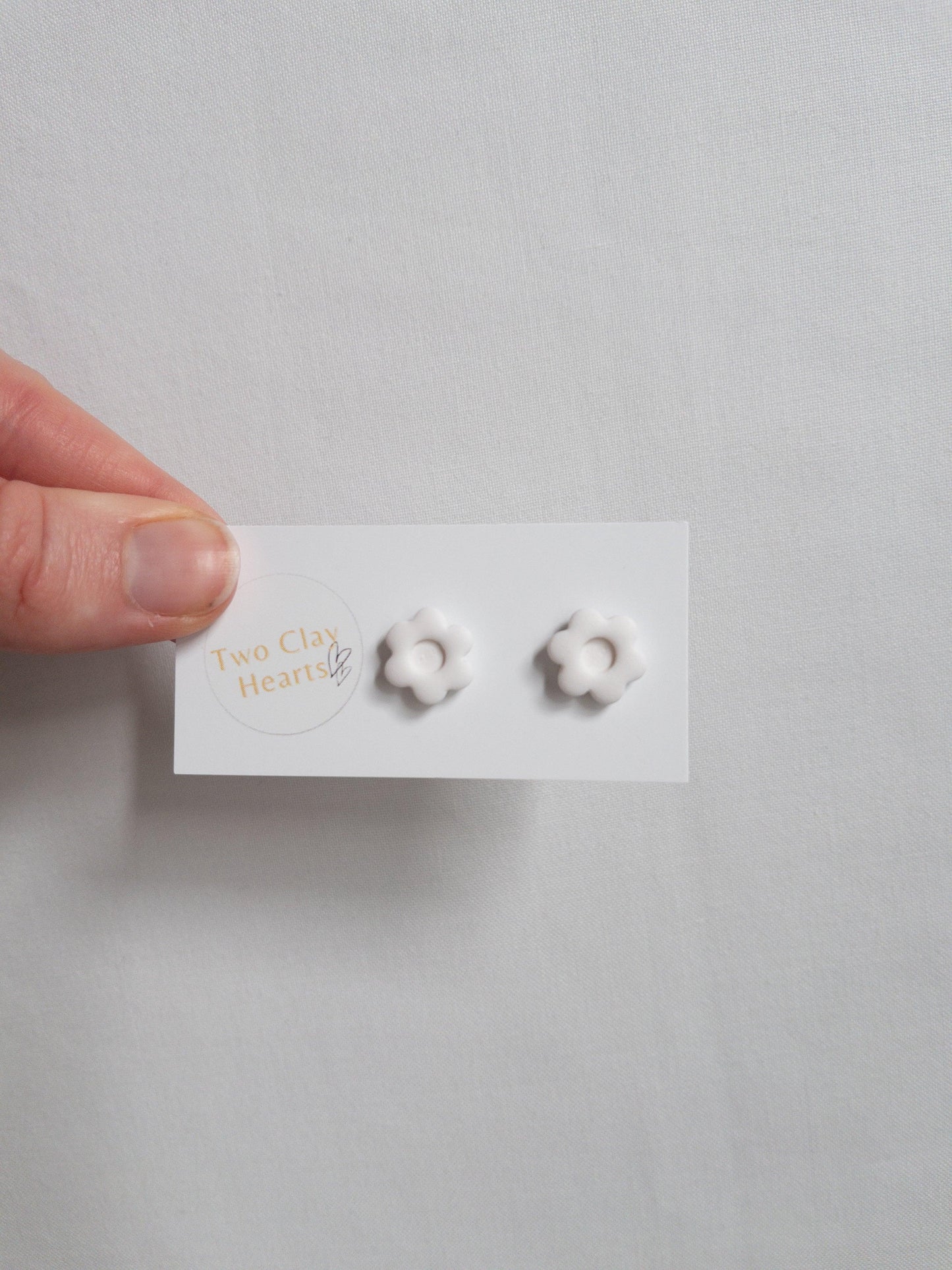 Simple White Clay Flower Studs - Two Clay Hearts