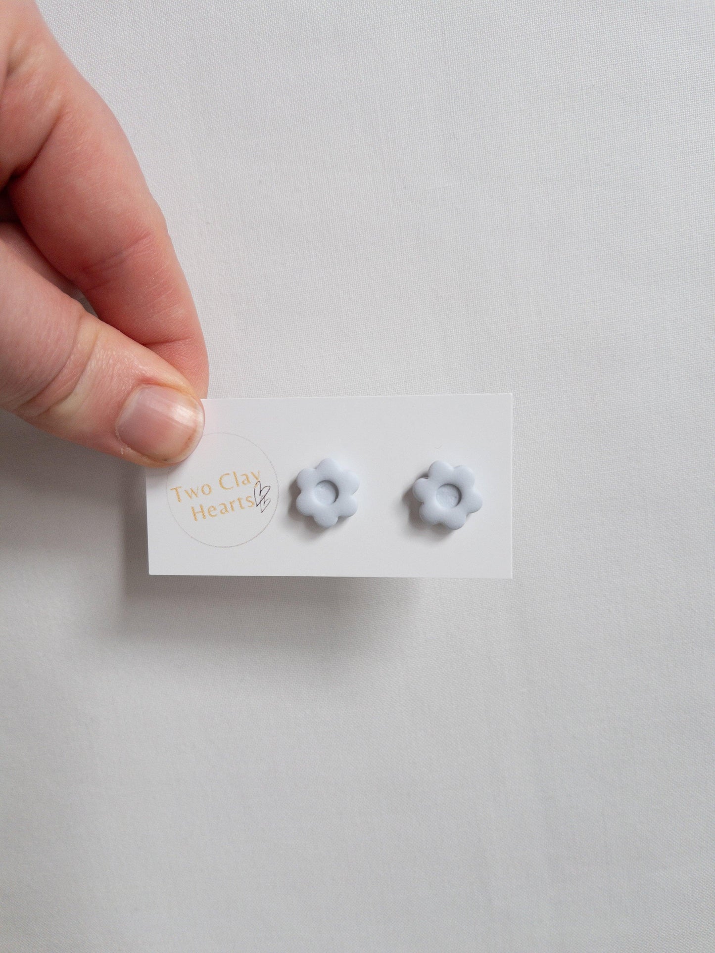 Simple Pastel Blue Clay Flower Studs - Two Clay Hearts