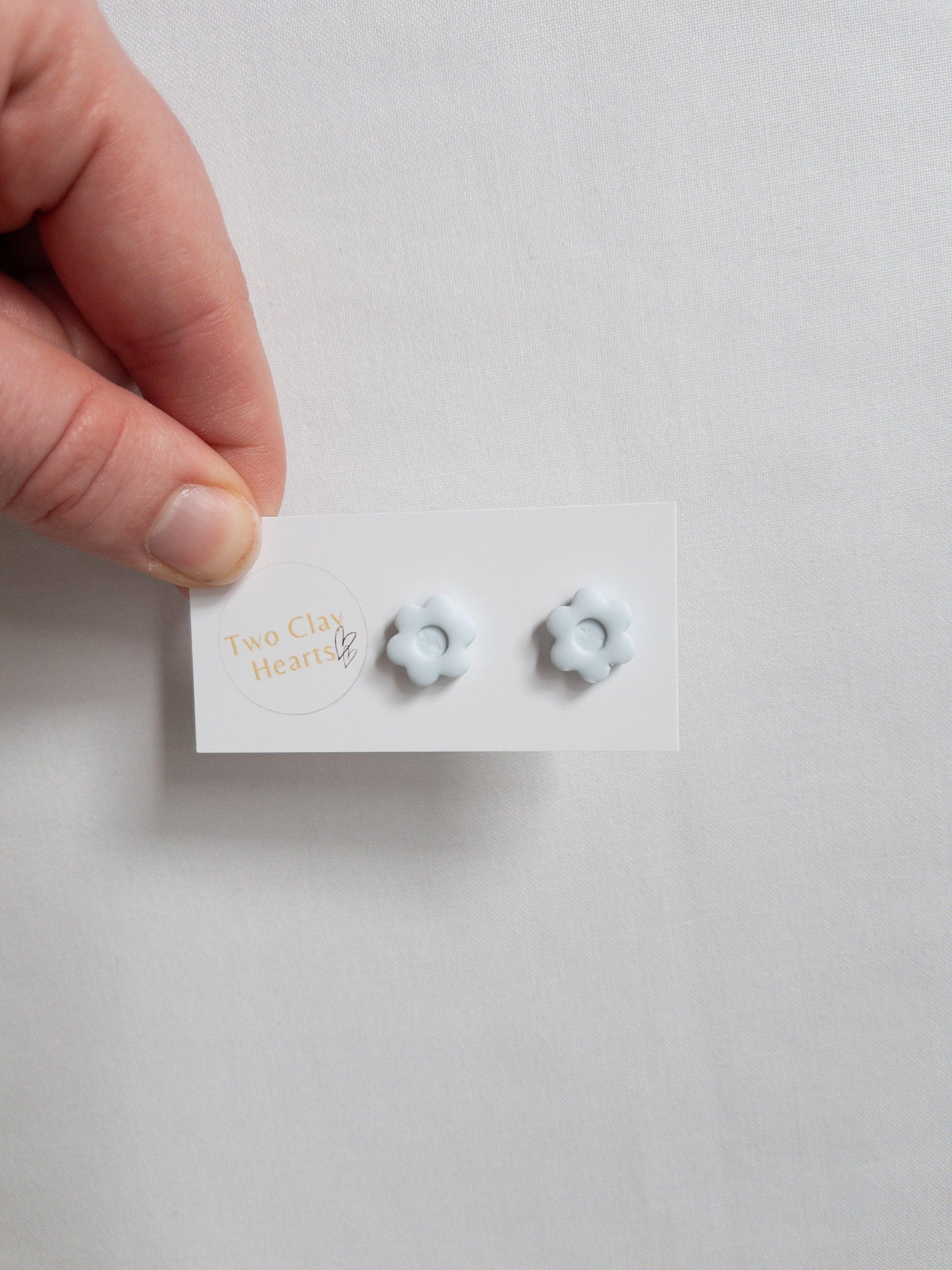 Simple Ice Blue Clay Flower Studs - Two Clay Hearts