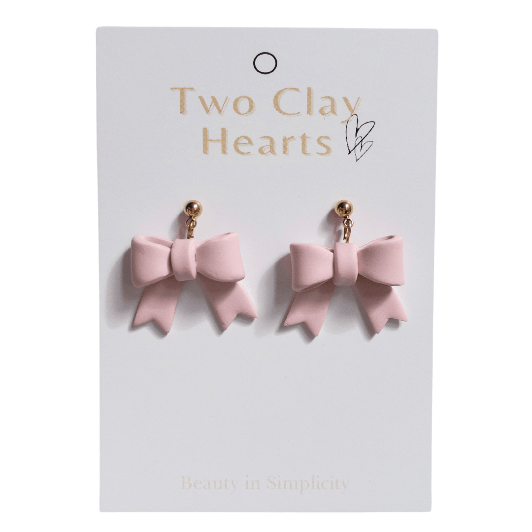 Simple Pink Bow Clay Earrings - Two Clay Hearts