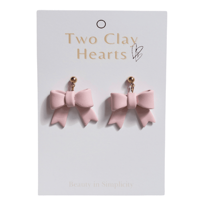 Simple Pink Bow Clay Earrings - Two Clay Hearts