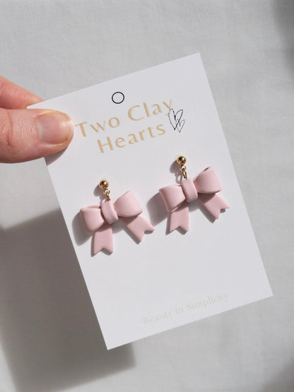 Simple Pink Bow Clay Earrings - Two Clay Hearts