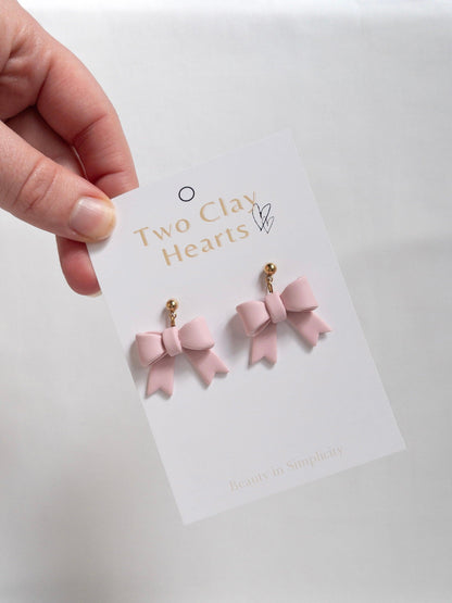 Simple Pink Bow Clay Earrings - Two Clay Hearts