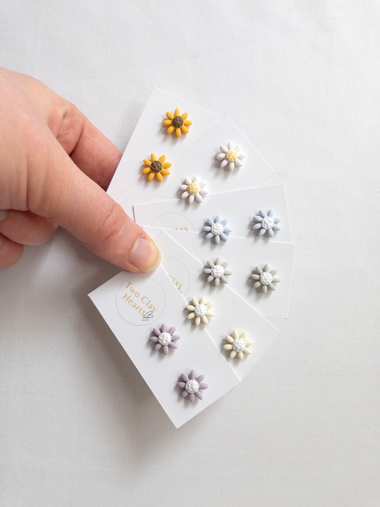 Small Polymer Clay Flower Studs - Two Clay Hearts