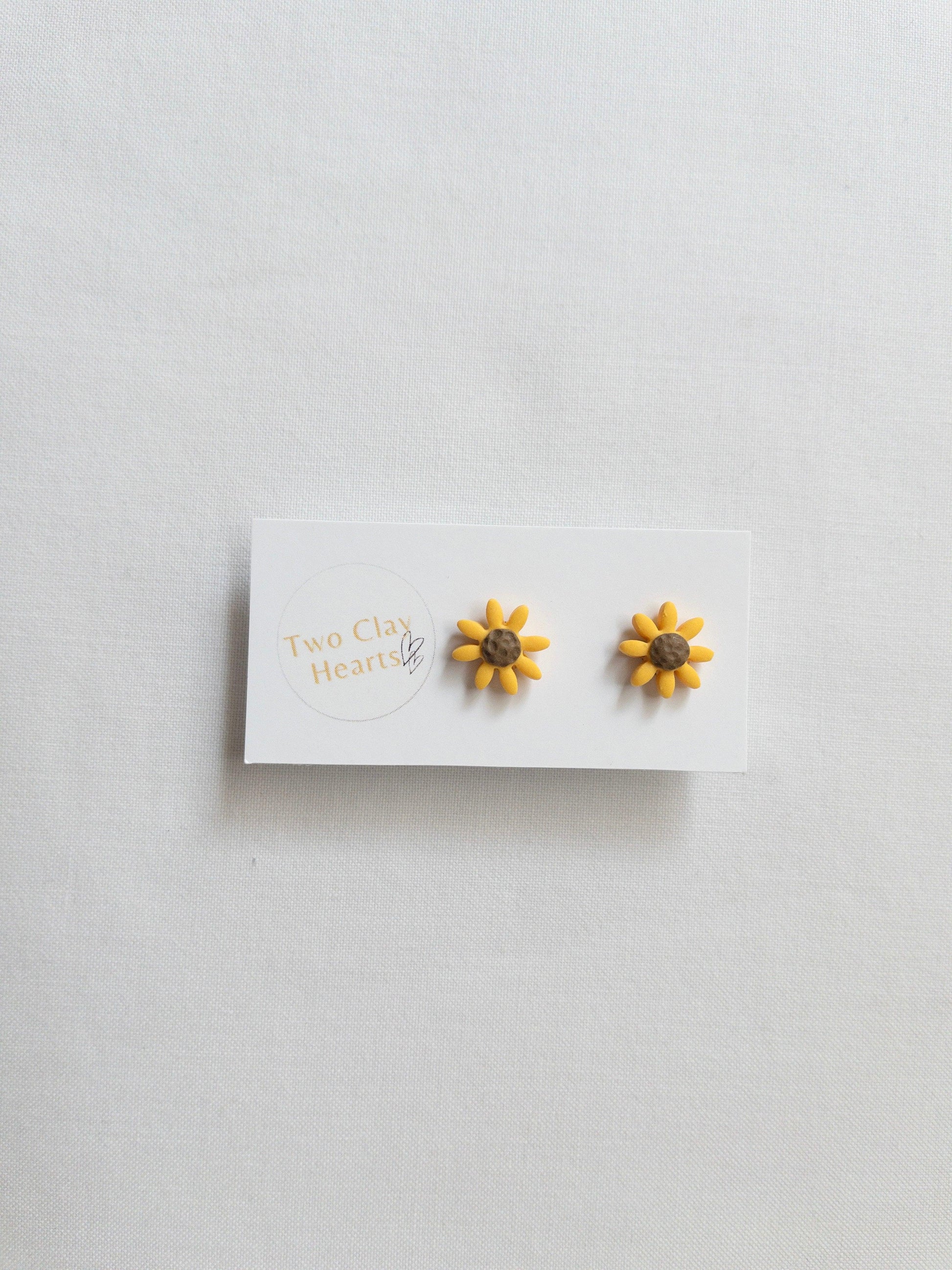 Small Polymer Clay Flower Studs - Two Clay Hearts