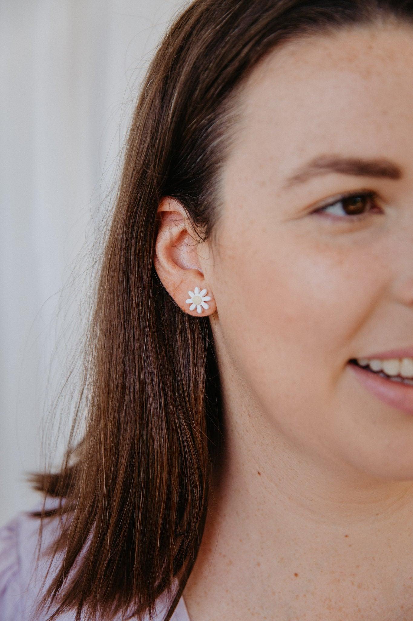 Small Polymer Clay Flower Studs - Two Clay Hearts