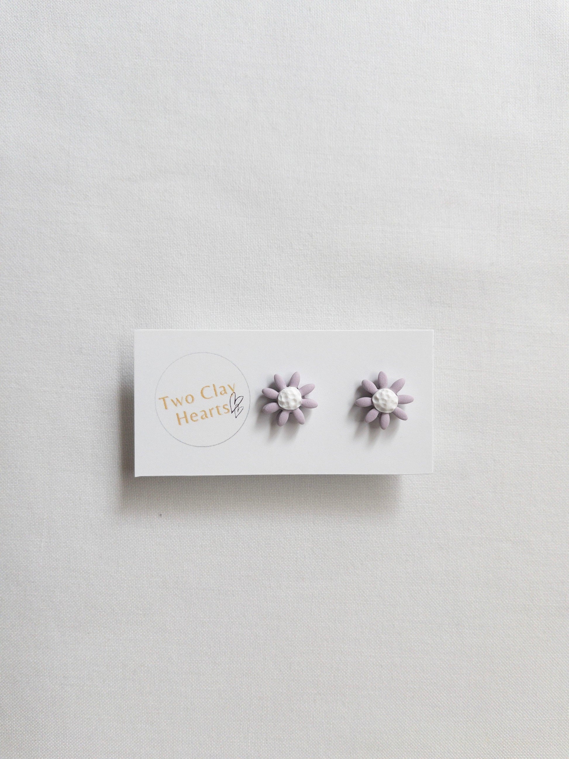 Small Polymer Clay Flower Studs - Two Clay Hearts